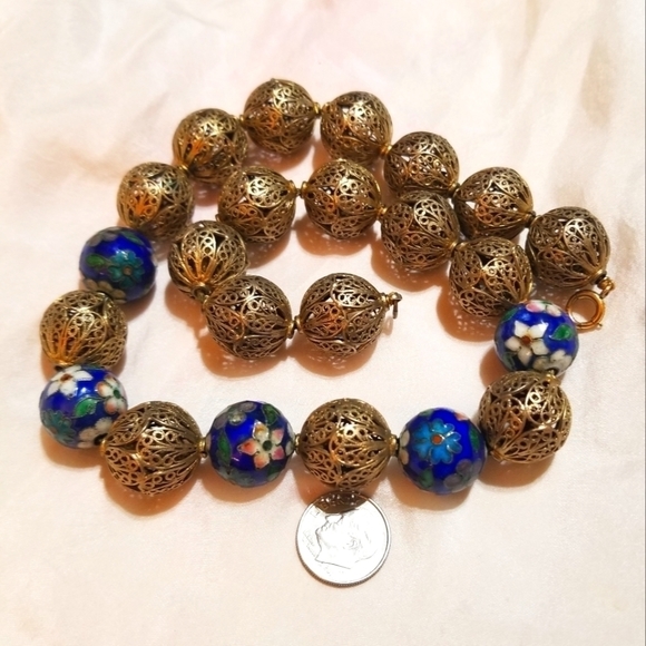 𝅺Antique Chinese Import Cloisonne Filigree Bead Necklace - Picture 6 of 8